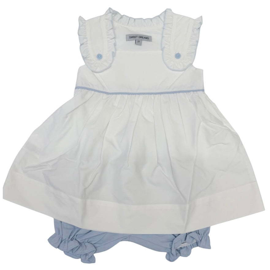 Sweet Dreams Girls White Bloomer Set with Blue Piped Sleeves