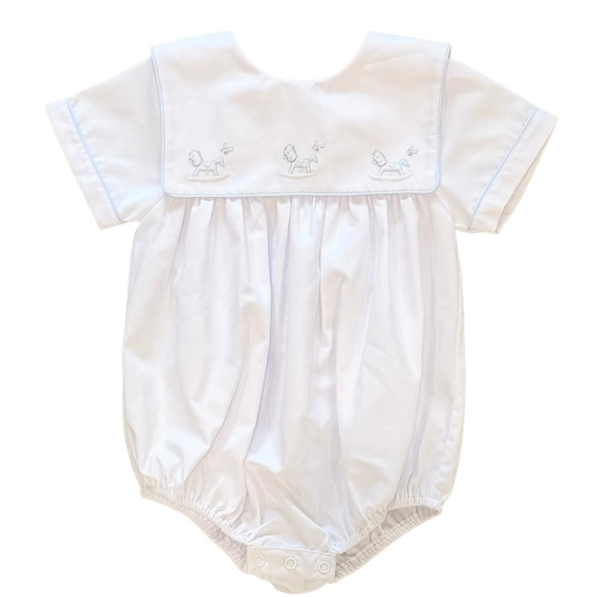Auraluz Boys White Square Collar Bubble with Rocking Horse Shadow Stitching
