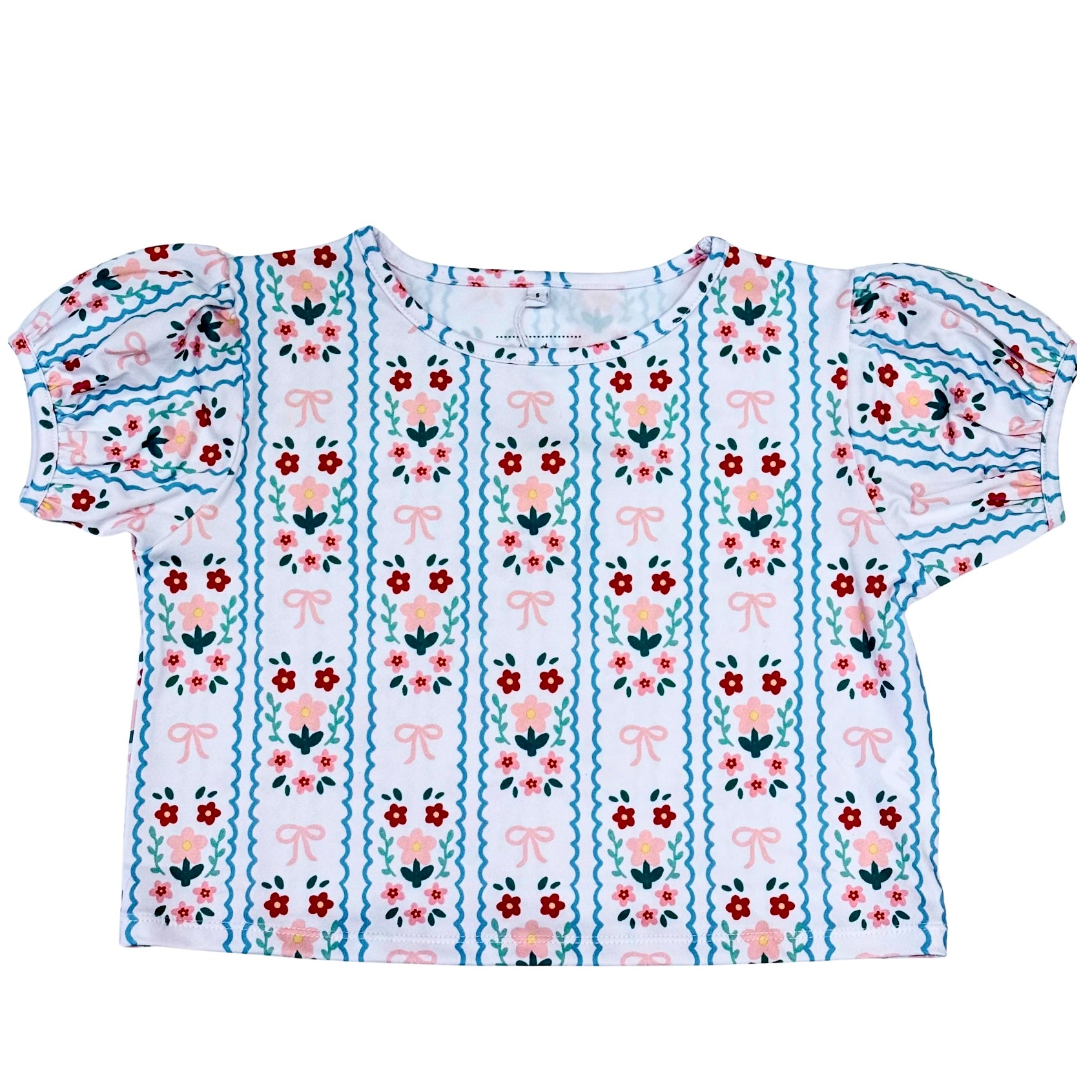 Honesty Girls Floral Bow Puff Sleeve Top
