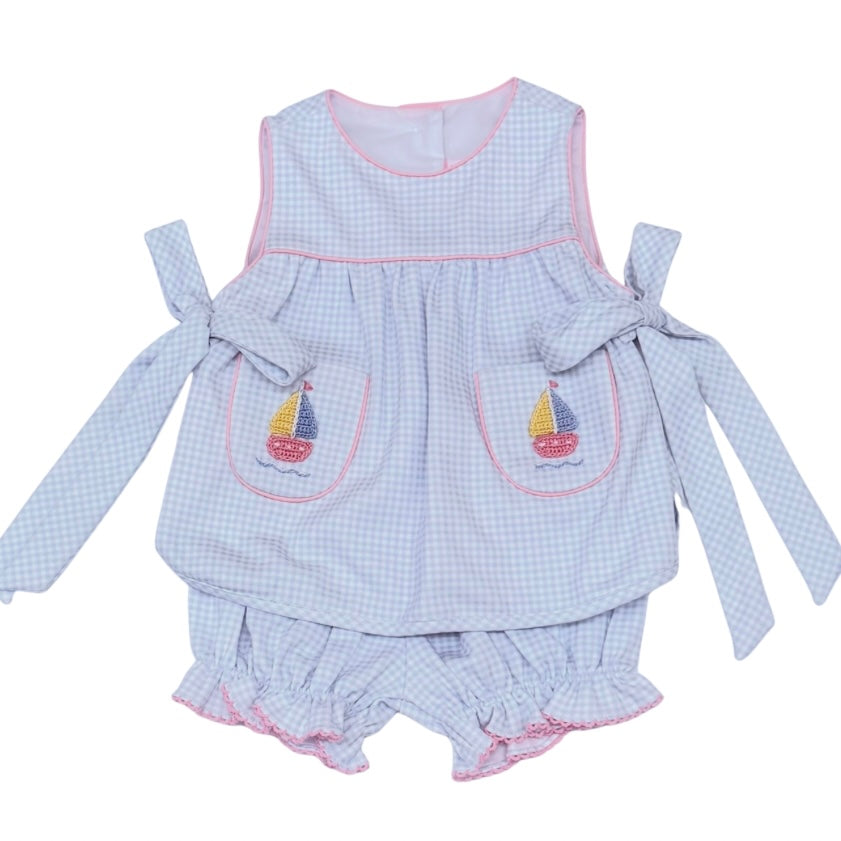 Petit Bebe Girls Blue Gingham Bloomer Set with Crochet Sailboats Embroidery