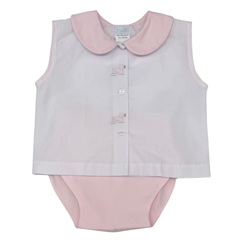 Auraluz Girls Diaper Set with Pink Duck Shadow Stitch Embroidery