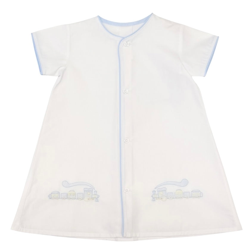 Auraluz Boys Day Gown with Hand Stitched Train Embroidery with Blue Piping
