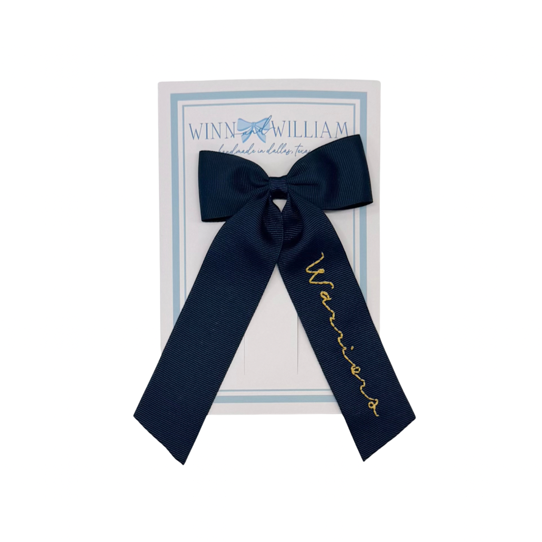 Winn and William Hair Bow-Navy with Hand Stitched Warriors