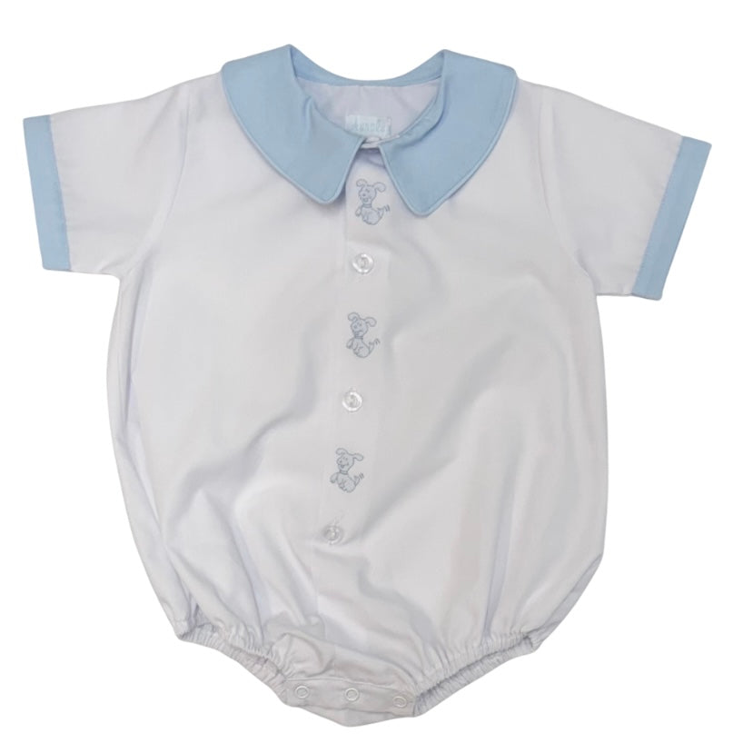Auraluz Boys White Bubble with Blue Collar and Dog Shadow Stitch Embroidery