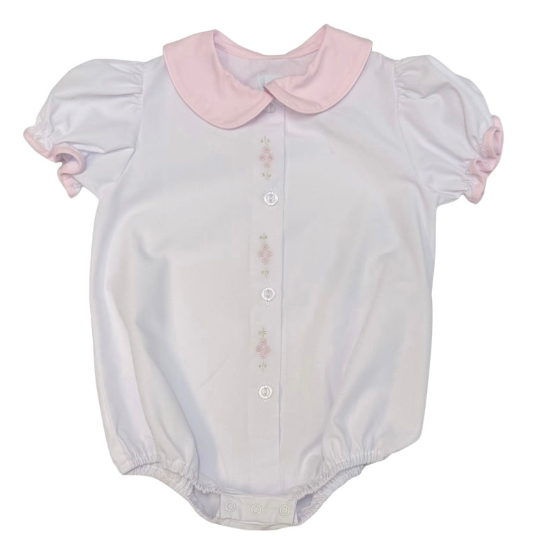 Auraluz Girls White Bubble with Pink Collar and Small Flowers shadow Stitch Embroidery
