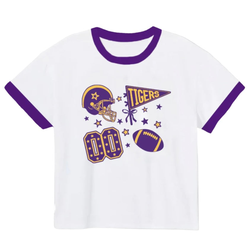 Azarhia Girls Sequin Football Elements Boxy Tee-Purple and Gold
