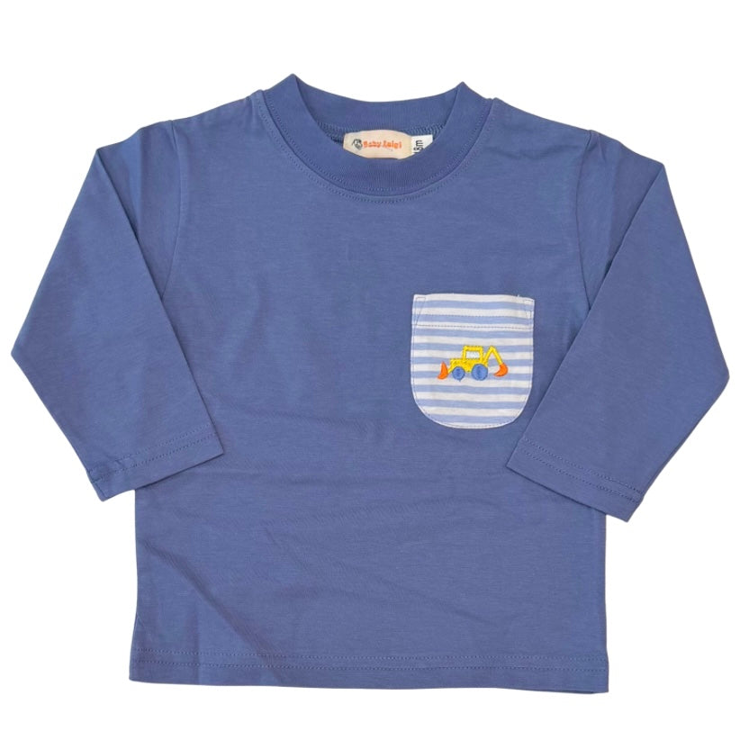 Luigi Boys LS Steel Blue Tee with Backhoe Embroidery