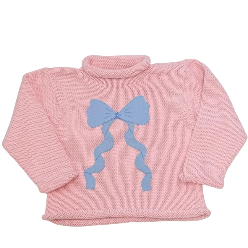 The Smiley Crab Girls Pink Roll Neck Sweater with Bow Applique