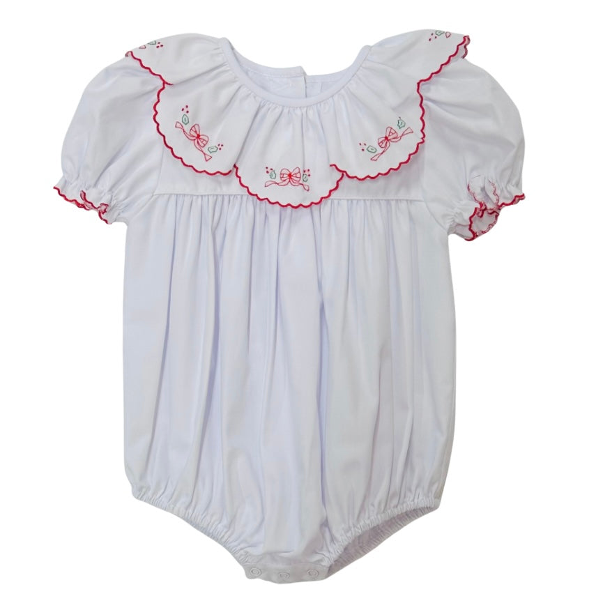 Auraluz Girls White Bubble with Scallop Collar and Christmas Bow Embroidery