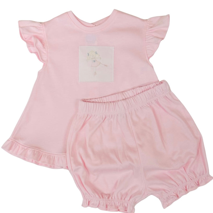 Auraluz Girls Pink Bloomer Set with Shadow Stitched Ballerina