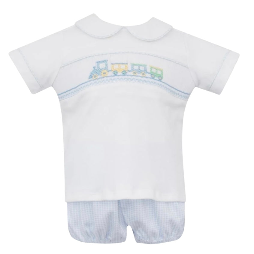 Petit Bebe Boys Train Smocked Light Blue Gingham Boys Diaper Set