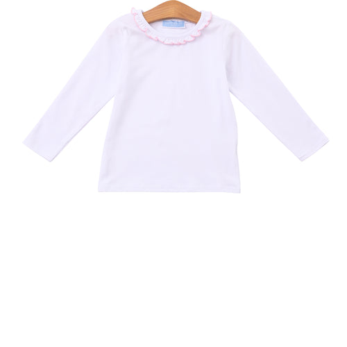 Trotter Street Girls Vera White Ruffle Top with Pink Piping