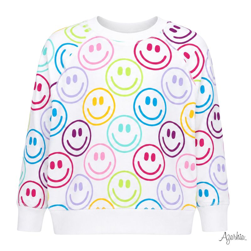 Azarhia Bright Smiley Faces White Oversized Sweatshirt