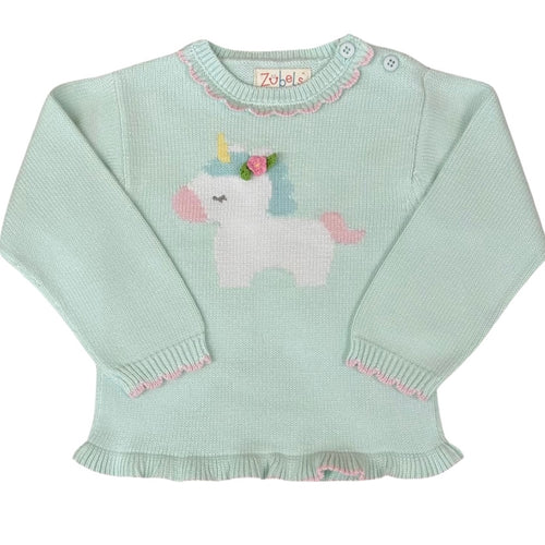 Zubels Girls Mint Green Unicorn Knit Sweater