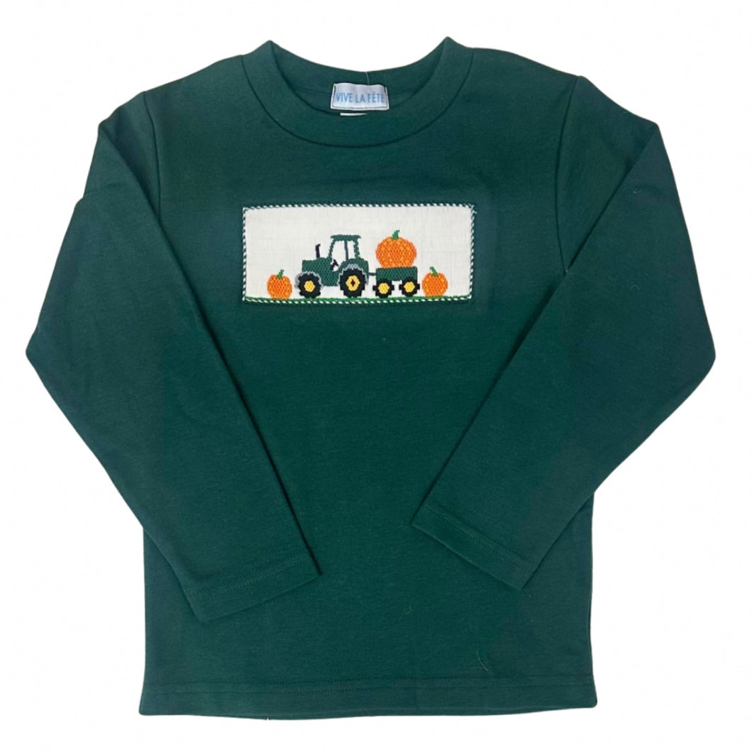 Vive La Fete Boys Long Sleeve Hunter Green Pumpkin Tractor Shirt