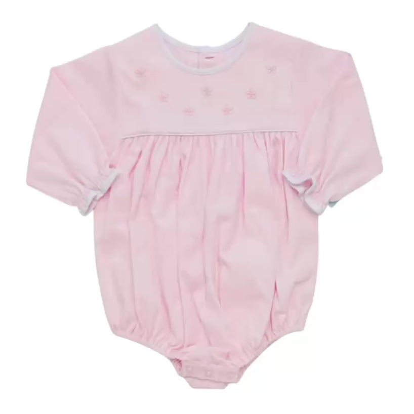 Auraluz Girls LS Pink Pique Bubble with Hand Embroidered Flowers