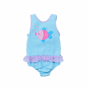 Petit Ami Girl's Seersucker Swimsuit with Fish Applique