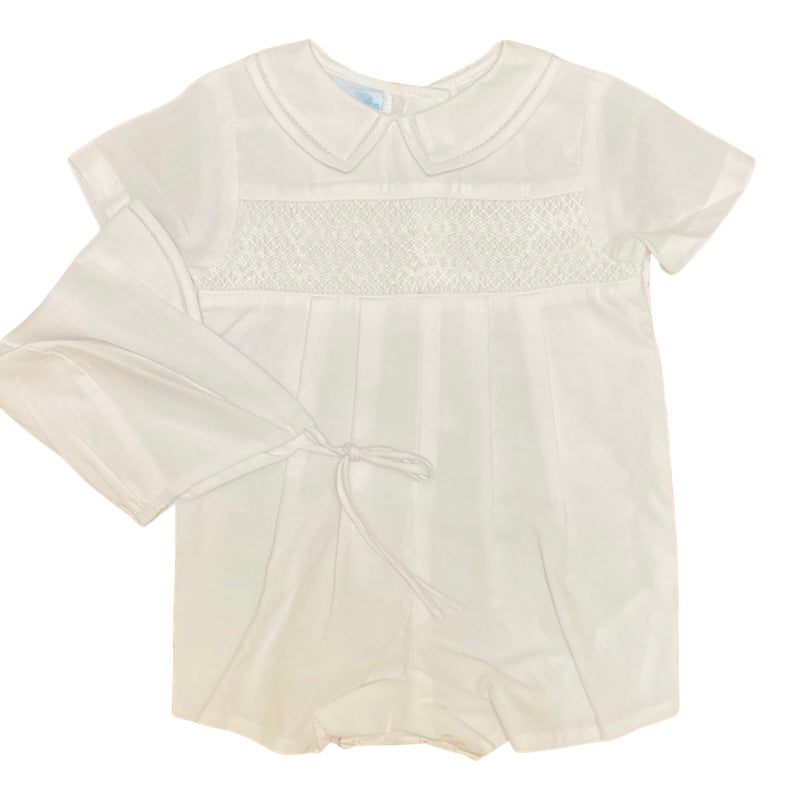 Petit Ami Boys Solid White Romper with Matching Bonnet