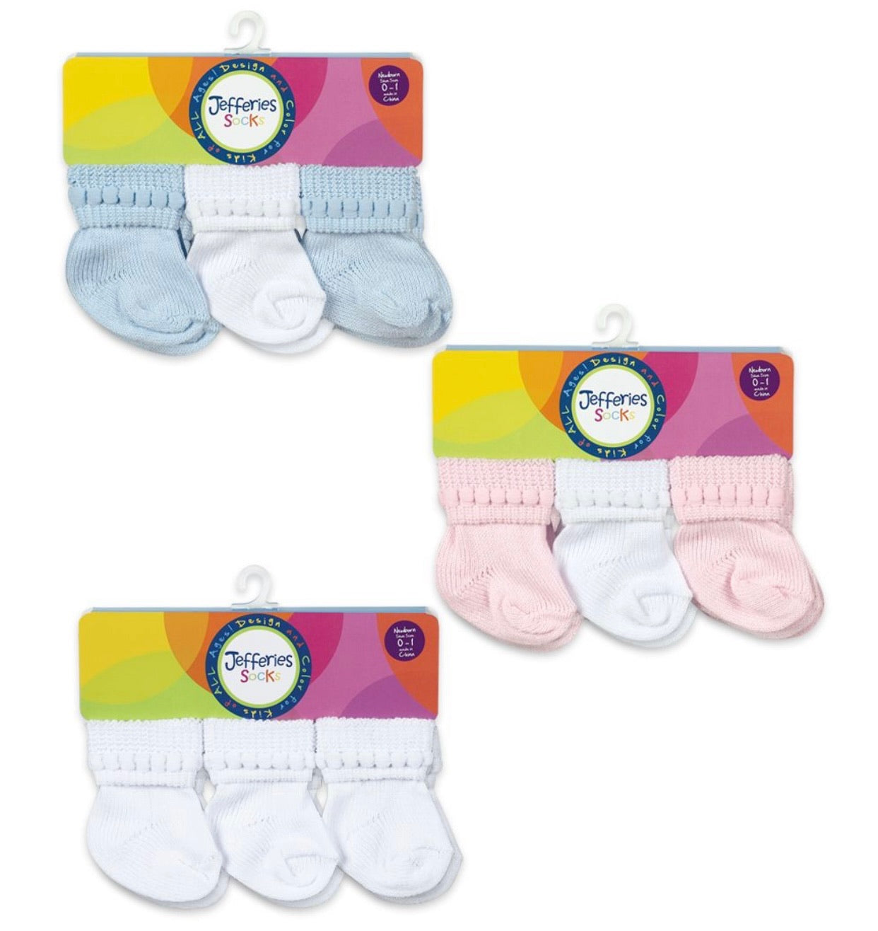 Jefferies Rock-A-Bye Turn Cuff Socks 6 Pair Pack-White, White/Blue Mix & White/Pink Mix