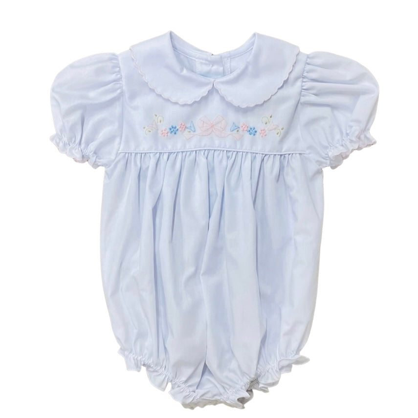 Auraluz Girl's White Bubble with Scalloped Collar and Shadow Stitch Embroidery