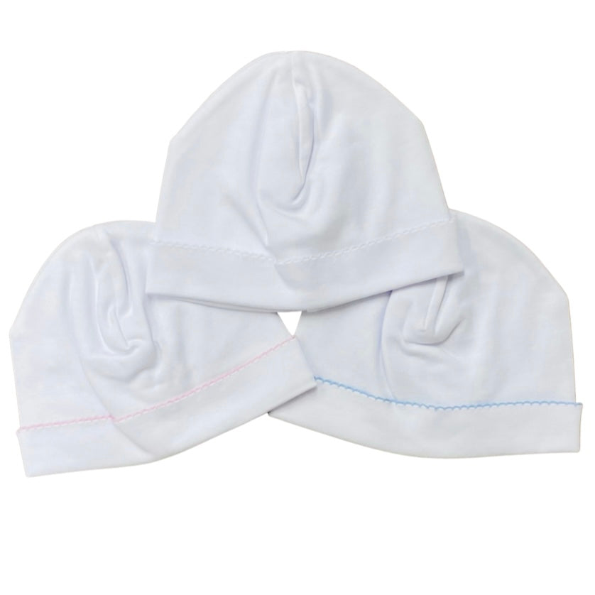 Paty White Pima Cotton Beanie Hat with Pink, White or Blue Piped Trim