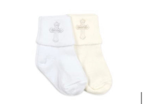 Jefferies Socks White Christening Turn Cuff Sock with Cross Applique