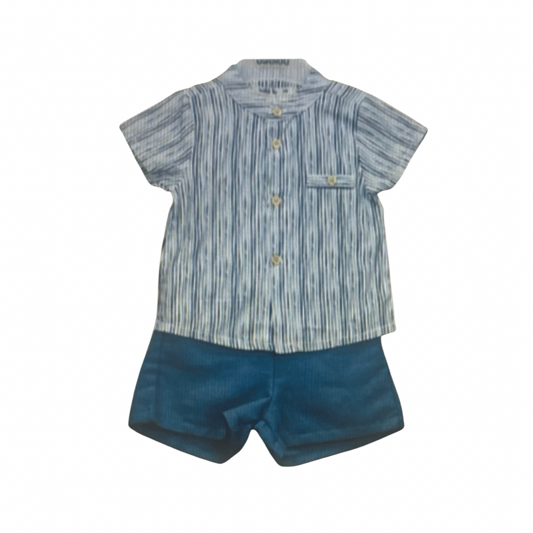 Babidu Boy Short Set with Round Collar Blue Stripe Shirt and Blue Shorts