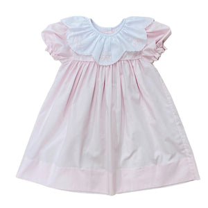 Auraluz Pink Dress with Scalloped White Collar and Bow Shadow Stitch Embroidery