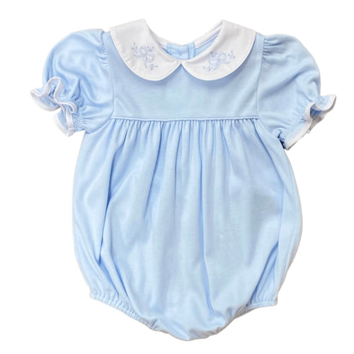 Auraluz Girl's Blue Bubble with Bow Shadow Stitch Embroidery on White Peter Pan Collar