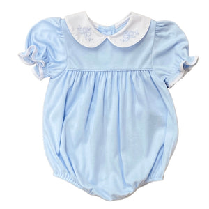 Auraluz Girl's Blue Bubble with Bow Shadow Stitch Embroidery on White Peter Pan Collar