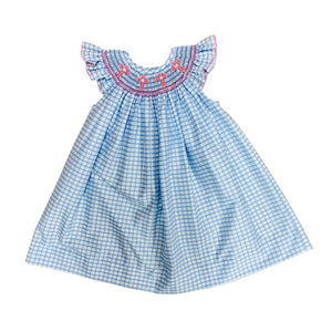 Vive La Fete Blue and White Windowpane Dress with Pink Cross Smocking