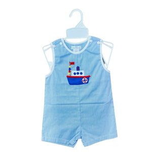 Petit Ami Blue and White Stripe Romper with Tugboat Applique
