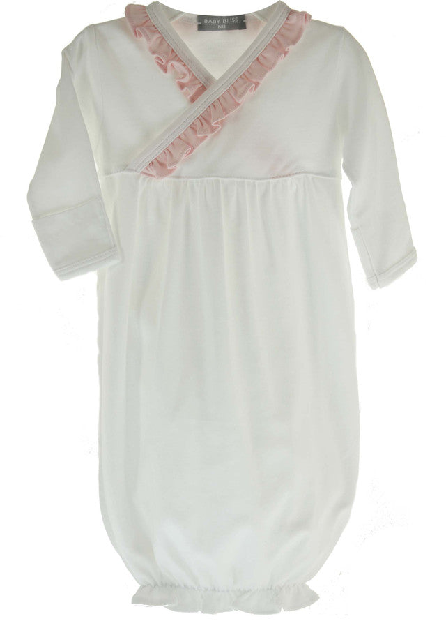 Baby Loren White Kimono Gown with Pink Ruffle