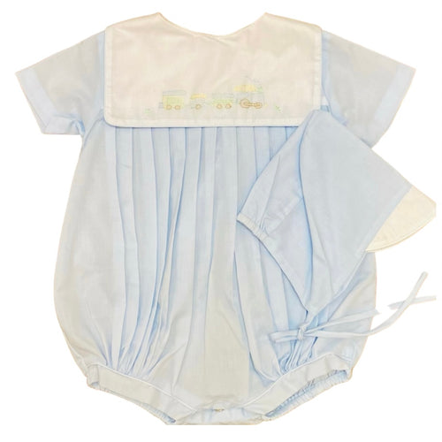 Petit Ami Boys Blue Bubble with Train Shadow Stitching on White Square Collar