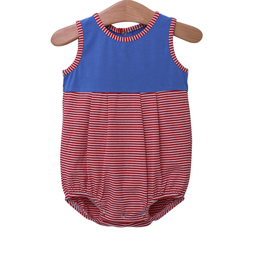 Trotter Street Red and White Stripe Patriotic Charlie Bubble with Blue Bib Front