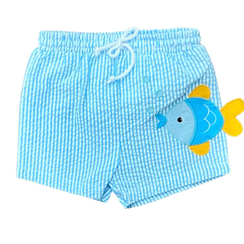 Petit Ami Boy Seersucker Swim Trunks with Fish Applique