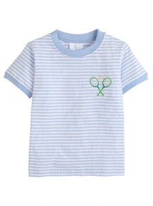Little English Blue and White Striped Tee with Tennis Racquet Applique