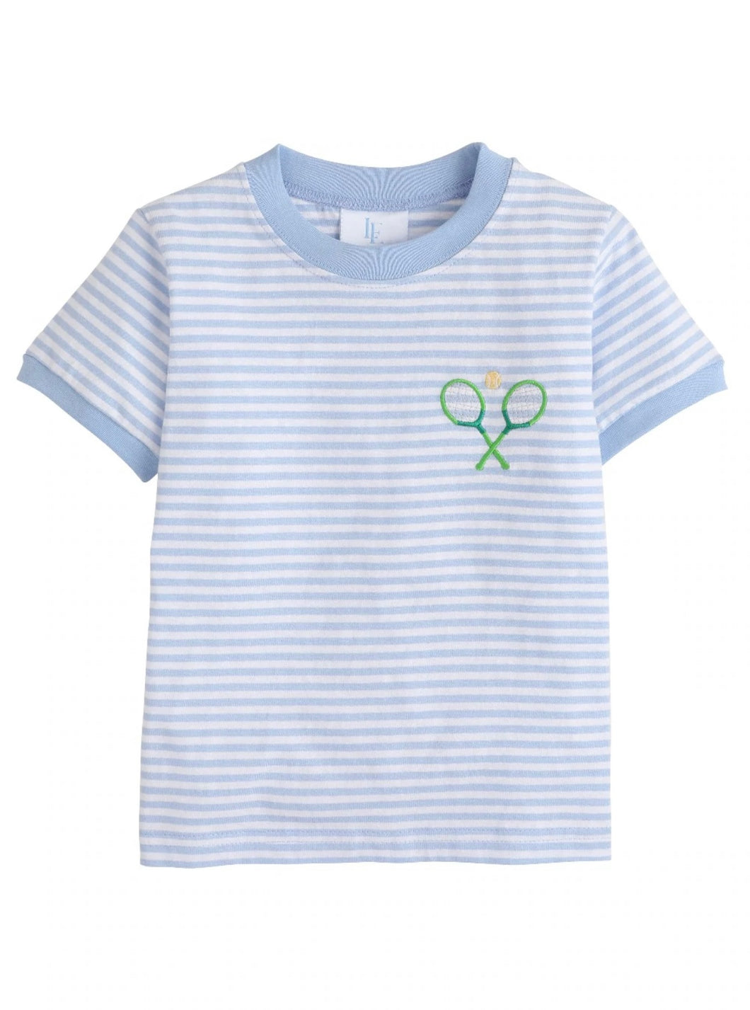 Little English Blue and White Striped Tee with Tennis Racquet Applique