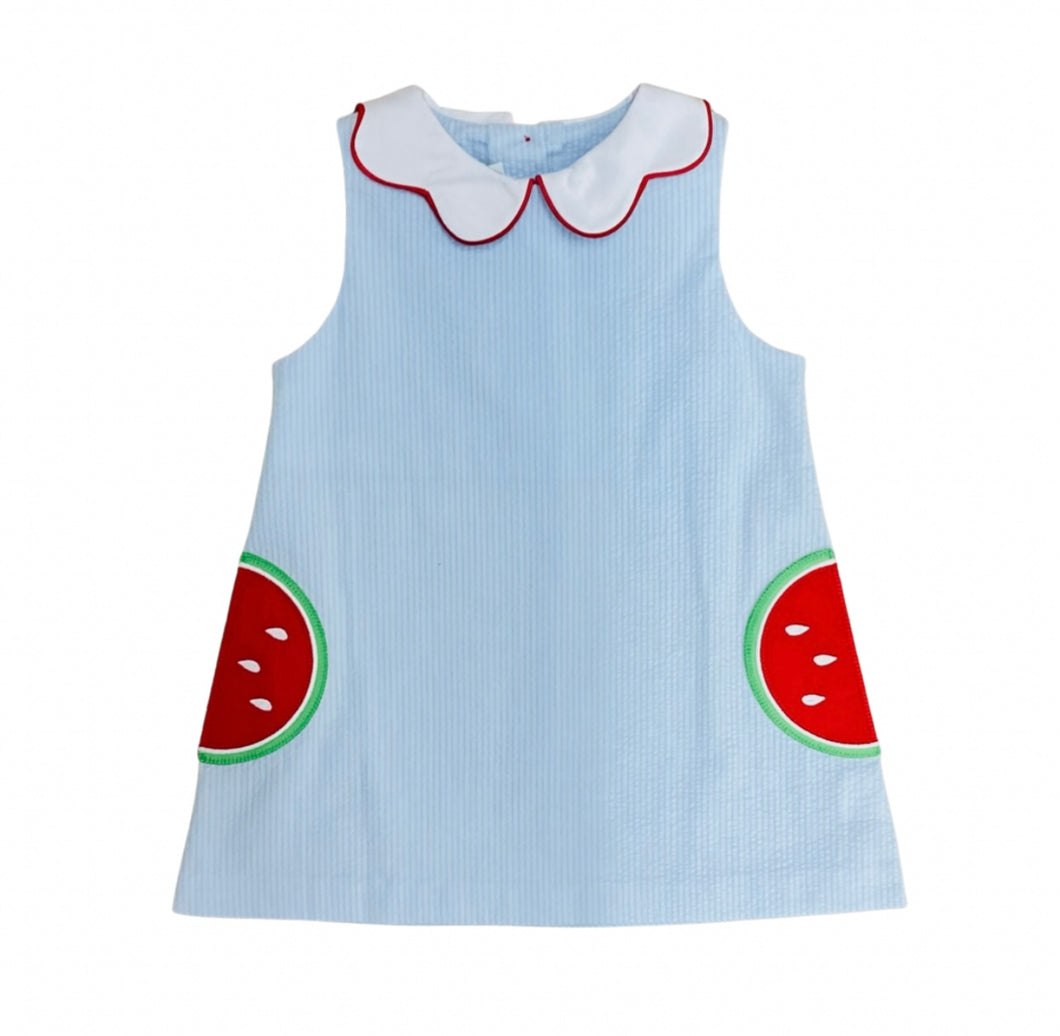 Zuccini Kids Blue Seersucker Dress with Watermelon Pockets