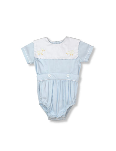 Lullaby Set Blue Pique Button-On with White Scallop Collar and Duck Embroidery