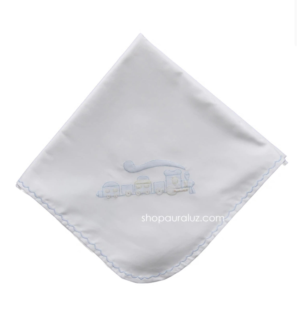 Auraluz White Receiving Blanket with Train Embrodery