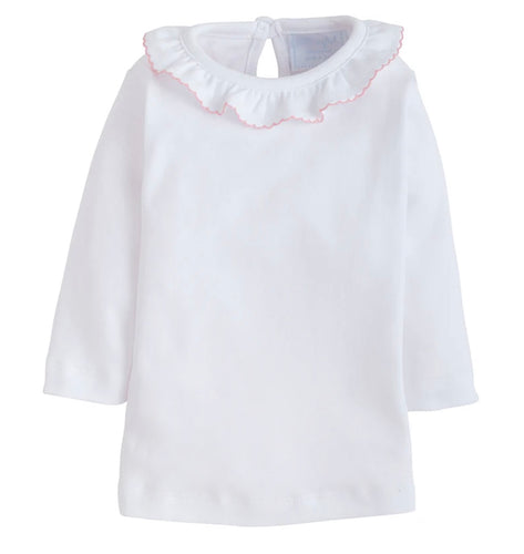 Little English Long Sleeve Knit Blouse with Pink Piped Ruffled Collar