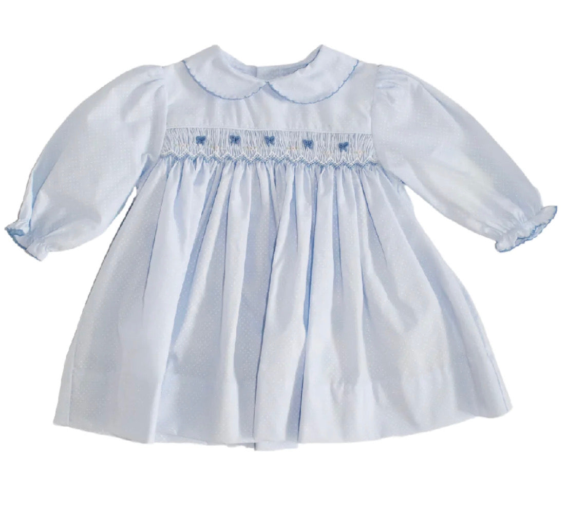 Petit Ami Blue Dot Dress with Bow Smocking