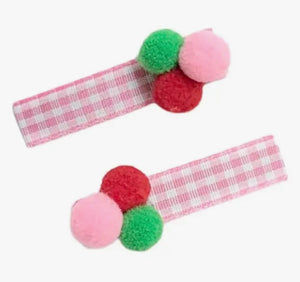 Lolo Headbands Pink Gingham Christmas Pom Hair Clip Set