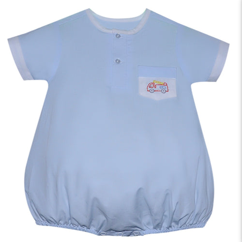 Baby Sen Blue Bubble with Firetruck Embroidery on Pocket