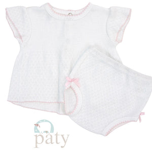 Paty White 2 Piece Set Piped in Pink with Matching Panty