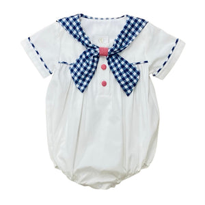 Lullaby Set White Crew Bubble with Navy Blue Collar and Piping