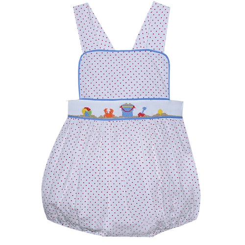 Remember Nguyen Red Knox Boy Red Dot Sunsuit with Playing in the Sand Smocking