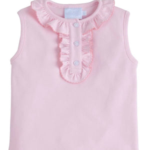 Little English Girls Short Sleeve Ruffled Henley-White and Light Pink