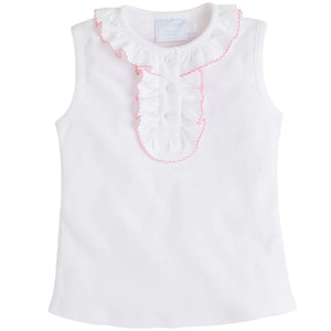 Little English Girls Short Sleeve Ruffled Henley-White and Light Pink